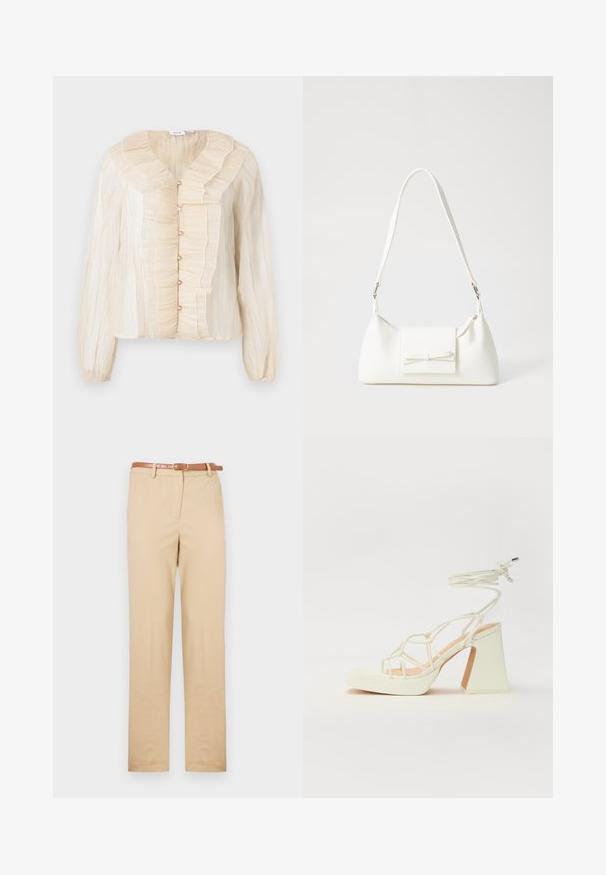 Bluză de culoare crem, cu decolteu și față volanate, închidere cu nasturi, mâneci lungi și textură moale. Accente în tonuri asortate.; Chino bej dintr-un material ușor, cu o croială dreaptă, buzunare laterale și o curea din piele maro cu o cataramă rectangulară.; Sandale albe cu toc înalt și gros, cu un design cu curele și legătură la gleznă. Textură netedă, cu o platformă frontală pentru înălțime suplimentară.; Geantă sintetică albă, cu formă triangulară, capac frontal plat și detaliu cu fundă, curea ajustabilă, textură netedă și design minimalist.