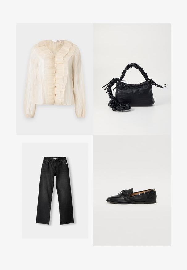 Krém színű blúz fodros nyakkivágással és elülső résszel, gombos záródással, hosszú ujjakkal és puha textúrával. Az illeszkedő színű részletek kiegészítik.; Bershka Egyenes szárú farmer - mottled dark grey; Fekete bőr lófarok cipők, megkötött masnival, arany szemcsés díszítéssel az oldalán és lapos gumitalppal. Simaság, klasszikus dizájn.; Fekete műbőr kézi táska krokodil bőr textúrával, összehúzható tetejű és gyűrt pánttal. Lágy és kompakt dizájnúnak tűnik.