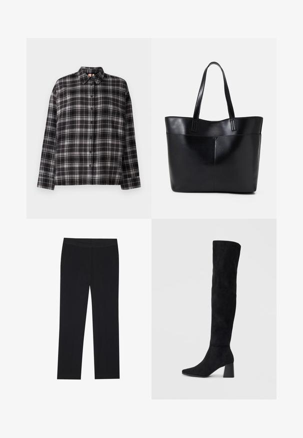 Cămașă cu carouri negre și gri, cu mâneci lungi, guler și un tiv drept. Fabricată dintr-un material moale și ușor.; Pantaloni negri cu un design drept, dotati cu buzunare laterale si o textura de material neteda. Detalii minimale, talie curata.; Cizme negre din suede, cu toc bloc, vârf ascuțit și un design neted, fără cusături, pe un fundal deschis.; Geantă oversized din piele neagră, cu două mânere lungi, de textură netedă și formă structurată. Are un buzunar frontal pentru stocare suplimentară.