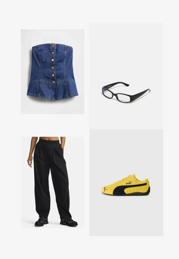 Bezramenný modrý denimový korzet s předními dřevěnými knoflíky a dvěma vodorovnými kapsami poblíž lemování.; Tři bezramínkové tílka: jedno černé, jedno šedé a jedno bílé. Vyrobené z měkké, elastické látky s nastavitelnými ramínky.; Černé, volné kalhoty vyrobené z lehkého materiálu s elastickým pasem, obsahující boční kapsy a jemnou texturu.; Žluté semišové tenisky s černými semišovými akcenty. Mají texturovanou podrážku, šněrovací design a logo Puma na boku a na jazyku.; Černé obdélníkové brýle s průhlednými čočkami. Lesklý povrch, úzké ramínka a fialový nádech viditelný na okrajích čoček.; Tmavě modrá džínová taška zaobleného tvaru, s několika vnějšími kapsami, nastavitelným popruhem a stříbrnými kovovými doplňky. Součástí je také horní ucho.