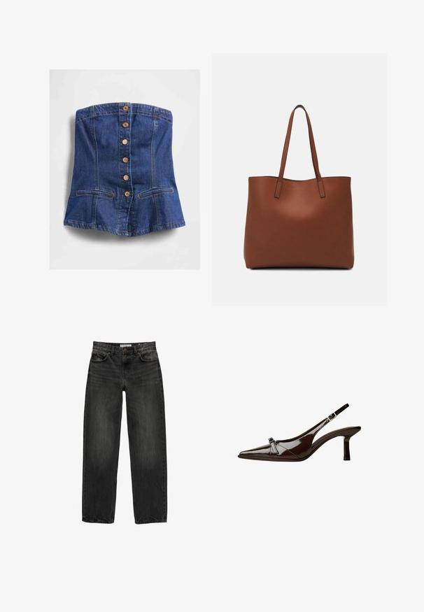 Top nélküli kék farmer fűző, elől fából készült gombokkal és két vízszintes nyitott zsebbel a szegély közelében.; Fekete farmernadrág laza szabással, egyenes szárakkal, öt zsebes dizájnnal és enyhén elhalványult textúrával. Elöl gombos és cipzáras záródás.; Barna lakkbőr slingback cipő hegyes orral, alacsony sarkal és díszes masnival elöl. Simma, fényes felület.; Barna bőr vászontáska sima textúrával, nyitott tetejű dizájnnal és két vállpánttal. Minimális varrással és látható hardver nélkül készült.