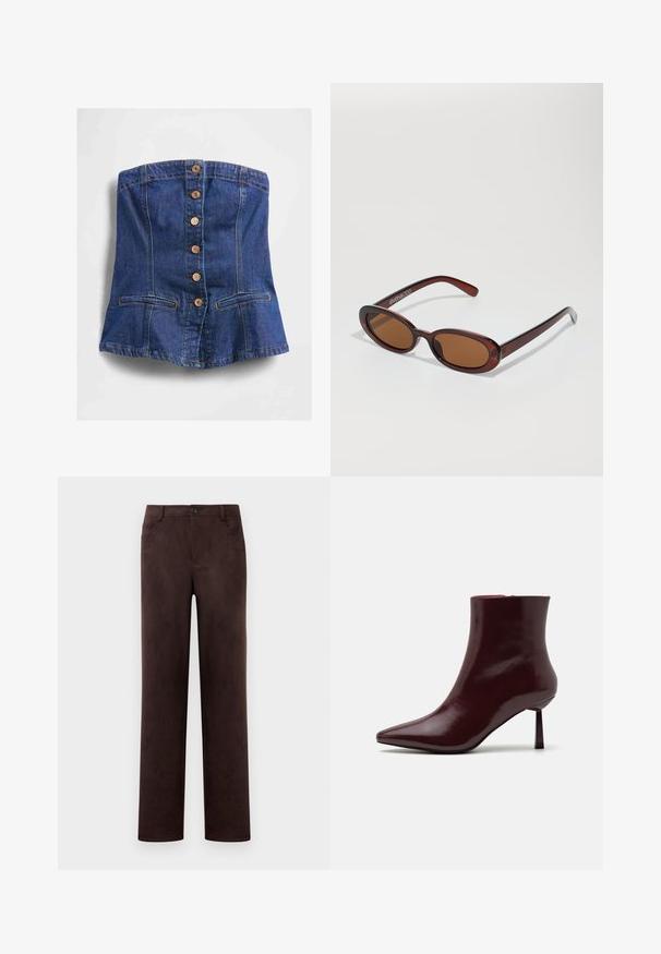Top corset din denim albastru fără bretele, cu nasturi din lemn în față și două buzunare orizontale fendue aproape de margine.; Pantaloni din suede de culoare maro închis, cu picioare drepte, închidere frontală cu buton și fermoar, cu bucle pentru curea și buzunare laterale.; Botina din piele patent burgund cu vârf ascuțit și toc stiletto subțire, având o textură netedă și lucioasă și un design minimalist.; Ochelari de soare rotunzi, cu nuanțe de brown și cu un cadru lucios de burgund. Brațe subțiri cu detalii subtile de branding. Design cu lentile plate.; Geantă burgundă împletită, cu o formă rotundă și o mână unică, având o suprafață texturată și un sistem de închidere cu șnur elastic.