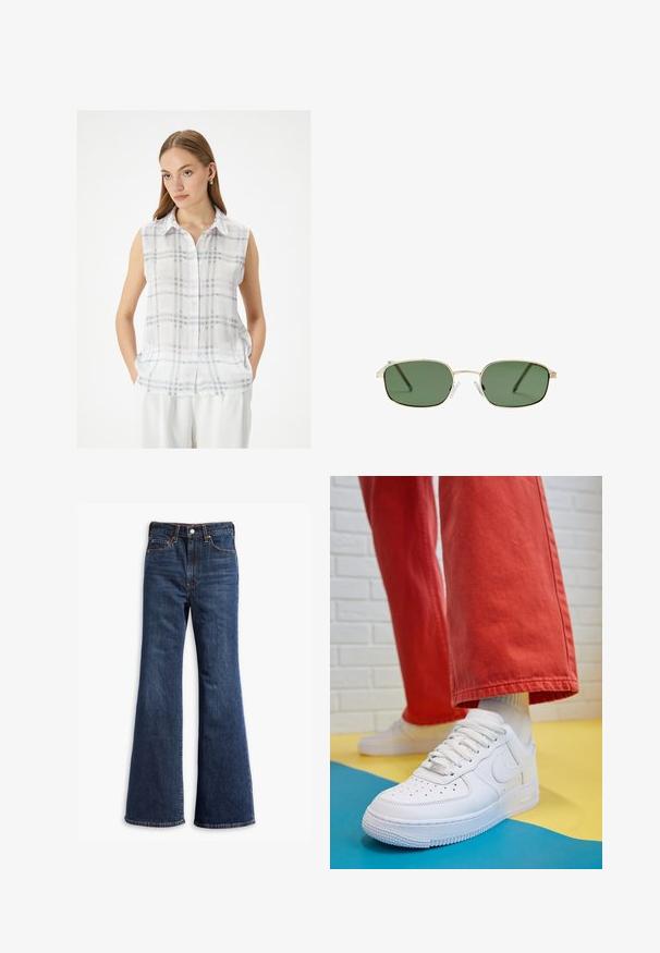 Mouwloze, knoopsluiting blouse in het wit met een ruitpatroon in grijs en lavendel; lichte stof met een kraag en zijzakken.; Hogegarende donkerblauwe denim jeans met flared pijpen, sluiting met een knoop en rits aan de voorkant, en ontwerp met vijf zakken.; Witte leren sneaker met geperforeerde teenbox, gestructureerde zool en witte veters, gecombineerd met wijde rode broeken en een blauw-geel achtergrond.; Zonnebril met een gouden metalen frame, groene lenzen, rechthoekige vorm en heldere kunststof neussteunen. Dunne, slanke pootjes met een minimalistisch ontwerp.