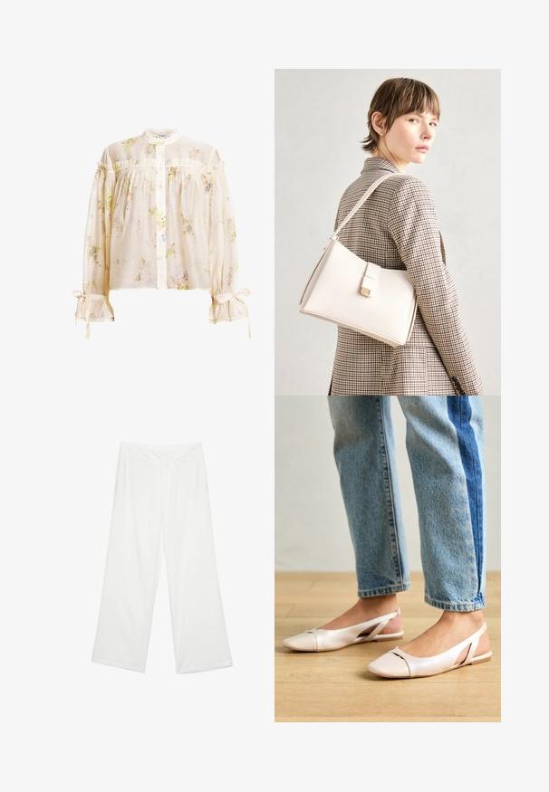 Blůza s květinovým vzorem v barvě krému, vyrobená z lehkého materiálu. Má vysoký límec, volány a rukávy nařasené s šňůrkami.; Kalhoty s širokými nohavicemi z bílé látky, s hladkým povrchem, předními kapsami a klasickým pasem s poutky na opasek.; Světle růžové slingback baleríny s špičatou špičkou, vyrobené z hladkého koženému materiálu. Obsahují vystřihovací detaily po stranách a plochý podpatek.; Bílá kožená kabelka se strukturálním designem, s magnetickým uzávěrem a ramenním popruhem, prezentovaná na neutrálním pozadí.