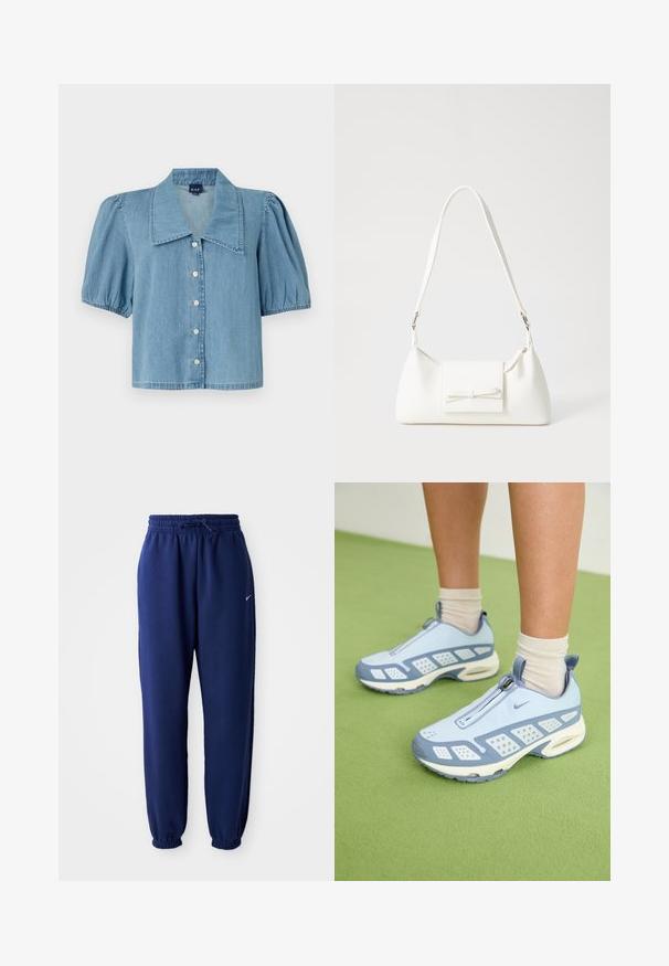 Light blue denim shirt with a large collar, short puffed sleeves, and button closure. Features a straight hem and soft texture.; Navy blue sweatpants made of soft fabric, featuring an elastic waistband with drawstring, elastic cuffs, and a small white logo.; Light blue athletic shoes with white accents, textured panels, and a zip closure. Features a visible air cushioning sole and rubber outsole.; White synthetic handbag with a triangular shape, flat front flap and bow detail, adjustable strap, smooth texture, and minimalistic design.