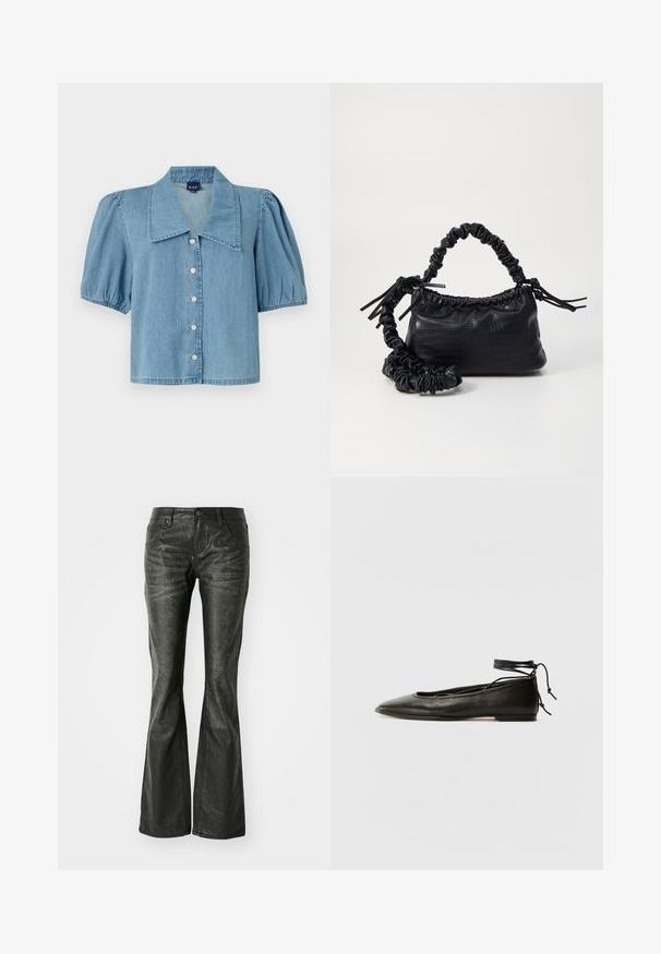 Light blue denim shirt with a large collar, short puffed sleeves, and button closure. Features a straight hem and soft texture.; Black faux leather flared jeans with front pockets, a metal button closure, and a slightly textured surface. Straight leg with a long cut.; Black leather ballet flats with a pointed toe, ankle tie, and flat sole, featuring a smooth texture and minimalistic design.; Black faux leather handbag with a crocodile texture, cinched top, and a scrunched strap. Appears soft and compact in design.