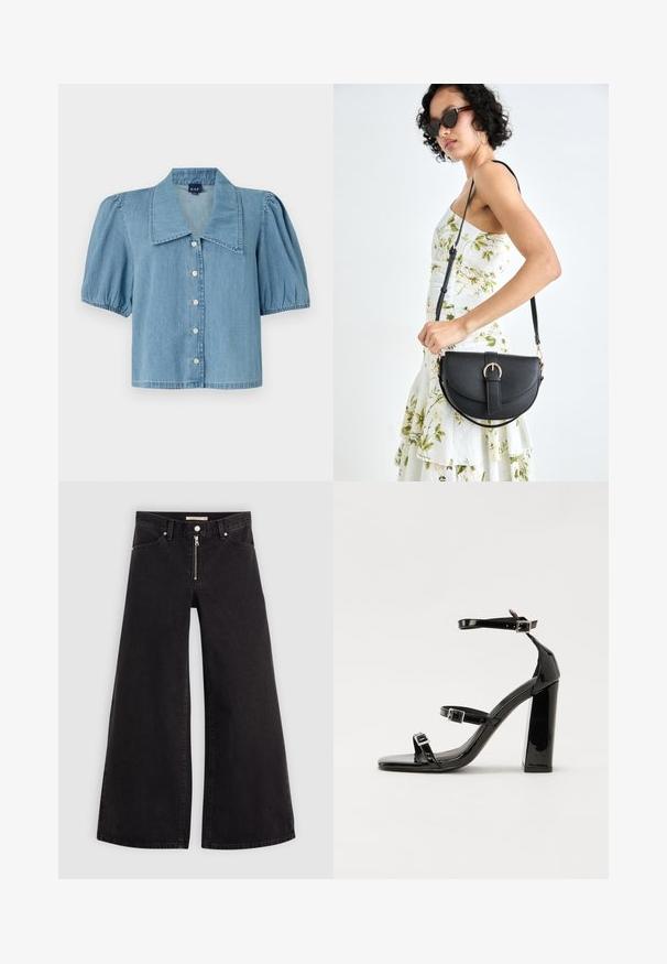 Lys blå denimskjorte med en stor krage, korte puffede ermer og knappestenging. Har rett søm og myk tekstur.; Vide benbukser i sort denim med glidelås i front, fem-lomme design og subtile sømdetaljer. Glatt tekstur og avslappet stil.; Svart høyglans sandaler med hæl, firkantet tå, ankelremmer og sølvspenner. Har en kraftig blokkhæl for stabilitet.; Svart lærveske med en buet form, avtagbar stropp og gullbeslag. Vesken har et klaff med spenne-detall.