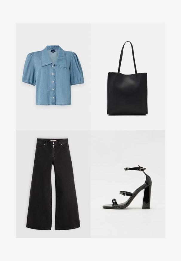 Camisa de denim azul claro com um grande colarinho, mangas curtas e volumosas, e fecho de botão. Apresenta uma bainha reta e uma textura suave.; Calças de ganga de perna larga em denim preto com fecho éclair à frente, design de cinco bolsos e detalhes de costura subtil. Textura suave e estilo casual.; Sandálias de tacão preto laqueadas com bico quadrado, tiras para o tornozelo e fivelas prateadas. Apresentam um salto bloco chunky para estabilidade.; Bolsa tote preta em couro com textura lisa, forma retangular e duas alças longas. Sem hardware ou enfeites visíveis.