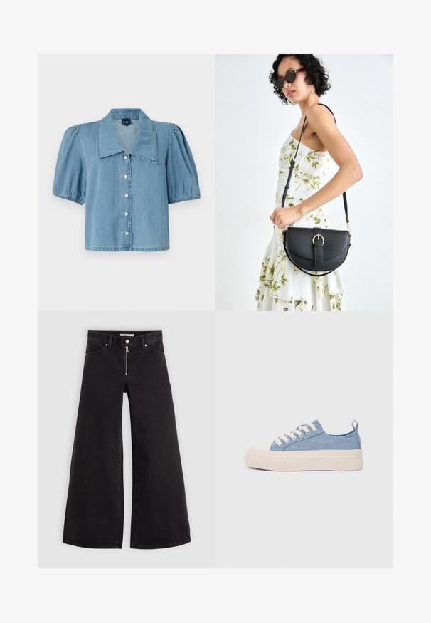 Light blue denim shirt with a large collar, short puffed sleeves, and button closure. Features a straight hem and soft texture.; Wide-leg jeans in black denim with a zippered front, five-pocket design, and subtle stitching details. Smooth texture and casual style.; Light blue canvas sneakers with a cream rubber toe cap and outsole, featuring white laces and a pull tab on the heel.; Black leather handbag with a curved shape, detachable strap, and gold hardware. The bag features a flap with a buckle detail.