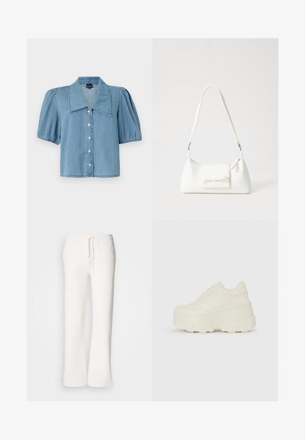 Light blue denim shirt with a large collar, short puffed sleeves, and button closure. Features a straight hem and soft texture.; White, relaxed-fit sweatpants made of soft fabric, featuring an elastic waistband with a drawstring and straight-leg design.; White platform sneakers featuring a smooth leather-like upper, rounded shape, padded collar, and textured rubber sole with defined treads.; White synthetic handbag with a triangular shape, flat front flap and bow detail, adjustable strap, smooth texture, and minimalistic design.