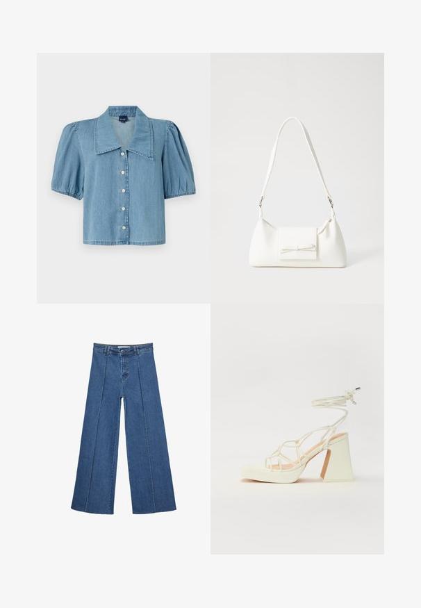 Vaaleansininen farkkupaita, jossa on suuri kaulus, lyhyet puffatut hihat ja nappisulku. Ominaisuuksiin kuuluu suora helma ja pehmeä rakenne.; Korkeat vyötäröiset, keskisiniset, leveiden lahkeiden denim-farkut, joissa on nappikiinnitys ja kontrastiväriset pystysaumadetaileja edessä.; Valkoinen korkokenkä, jossa on paksu korko, ja joka sisältää nauhakiinnityksen ja nilkkaketjun. Sujuva pinta, jossa on platform-etupohja lisäkorkeutta varten.; Valkoinen synteettinen käsilaukku, jossa on kolmikulmainen muoto, tasainen etu läppä ja nauhadetail, säädettävä olkahihna, sileä rakenne ja minimalinen muotoilu.