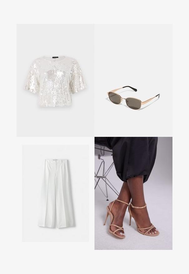 Klassisches, kurzärmeliges Oberteil aus Paillettenstoff in Weiß und Silber, mit rundem Ausschnitt und geripptem Saum.; Bershka WIDE-LEG TAILORED - Stoffhose - white; Beige High-Heelsandalen mit Kristallverzierungen, offen an den Zehen, dünnen Riemen und einer eleganten Silhouette.; Rechteckige Sonnenbrille mit goldfarbigem Metallrahmen und dunklen Gläsern. Akzentuiert durch schlanke schwarze Bügel, die ein minimalistisches Design zeigen.; Michael Kors Clutch in beige beschichtetem Canvas mit einem wiederholten MK-Logo-Muster, goldfarbener hardware und einem abnehmbaren Kettenriemen.; Armbänder aus goldfarbenem Metall mit einem verwobenen Design; glatte, polierte Oberfläche; flexible Form, die für verschiedene Handgelenkgrößen geeignet ist.