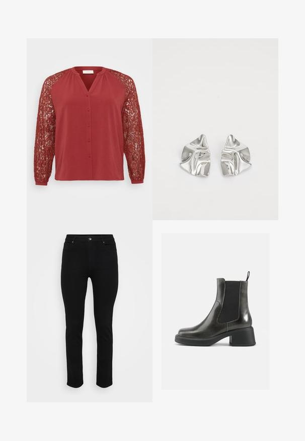 Rdeča bluzica z gumbom spredaj, z dolgimi čipkastimi rokavi. Material je teksturiran, z zapletenimi čipkastimi vzorci na rokavih.; Črne kavbojke iz denima s oprijetim krojem, petimi žepi, sprednjo zaponko in rahlo raztegljivim materialom za udobje. Ravna, gladka tekstura z minimalnimi detajli.; Črne usnjene gležnjarje z gladko površino, elastičnimi stranskimi paneli in masivnim petami. Imajo praktično zanko za lažje obuvanje.; Srebrni kovinski uhani z valovitim, skulpturalnim dizajnom, ki se ponašajo s poliranim zaključkom in nerednimi oblikami, kar poudarja sodobno estetiko.