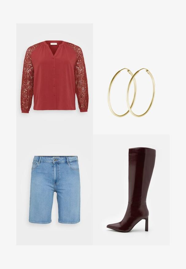 Sarkana blūze ar priekšējo pogu rindu, ar garām mežģīņu piedurknēm. Materiāls ir teksturēts, ar sarežģītām mežģīņu rakstiem uz piedurknēm.; Gaiši zili denima šorti ar klasisku griezumu, kas aprīkoti ar priekšējo pogu aizdari, jostu cilpām un divām sānu kabatām. Gluda tekstūra un taisns apakšmala.; Even&Odd Zābaki - dark red; Zelta auskari ar gludu, noapaļu dizainu un spīdīgu apdari. Viegls izpildījums ar drošu aizdari.