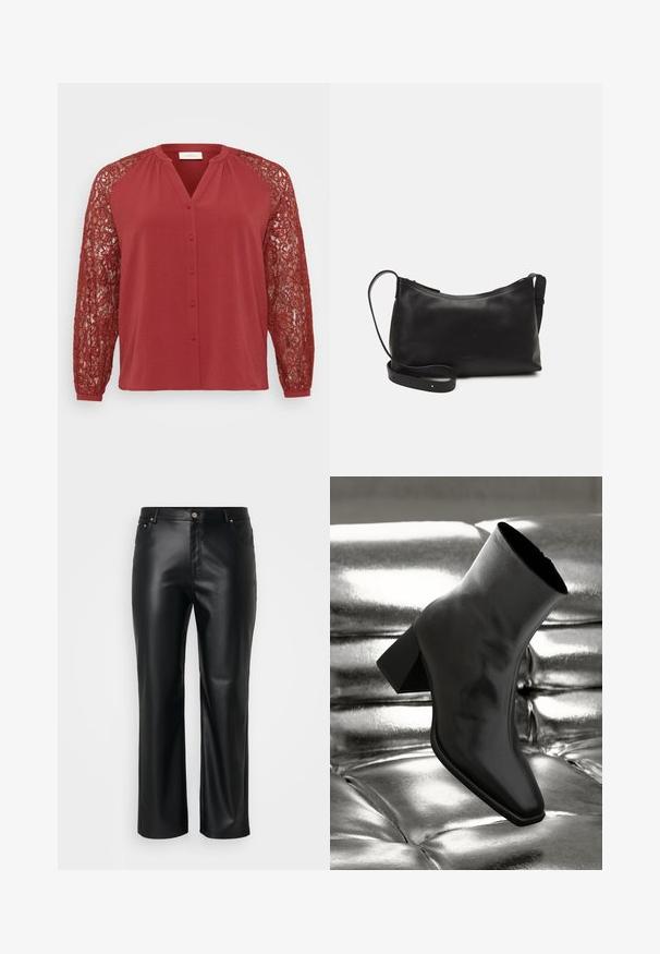Blusa vermelha com uma pala de botões na frente, apresentando mangas longas em renda. O material é texturizado, com padrões de renda intrincados nas mangas.; Calças de imitação de pele pretas com corte retificado, apresentando passantes para cinto, bolsos frontais e um fecho com zíper e botão. Textura suave.; Botim preto de tornozelo feito de material brilhante, com bico quadrado e salto afunilado, posicionado contra um fundo prateado brilhante com detalhes acolchoados.; Bolsa de ombro em pele preta com textura suave, forma curva, alça ajustável e fecho com zip. Design minimalista sem adornos.