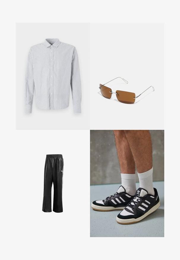 Pruhovaná košile s knoflíky, která má límec, dlouhé rukávy a rovný střih. Barvy zahrnují bílou a odstíny modré.; Černé syntetické sportovní kalhoty s elastickým pasem, se bílými postranními pruhy a malým bílým logem na levém boku.; Černobílé tenisky s vrchní částí z semišové a kožené kůže, včetně tří bílých pruhů, perforovaného špičky a podrážky z gumy.; Hnědé obdélníkové sluneční brýle s tenkými stříbrnými drátěnými rámy a podpěrami nosu. Sklíčka jsou plochá a mírně tónovaná.; Bílý perlový náhrdelník s jednotnou kulatou siluetou, hladkým povrchem a kovovou sponou s prodlužovacím řetízkem pro nastavitelné délky.