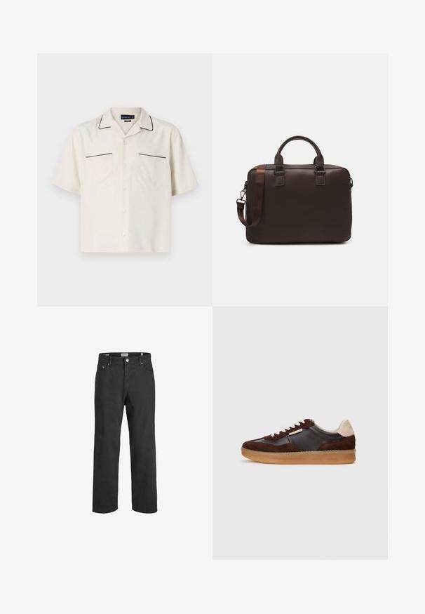 Bež košulja kratkih rukava s crnim obrubom oko ovratnika i rubova džepova. Sadrži dva prednja džepa i zatvaranje na gumbe.; Crne traperice ravnog kroja izrađene od pamuka, s klasičnim dizajnom od pet džepova, kopčanjem na gumb i suptilnim detaljima šivanja.; Smešane smeđe antilop i kožne tenisice s gumenim potplatom, s krem detaljima i bijelim vezicama. Zaobljen nos i minimalna obrada.; Smeđa kožna torba za prijenosno računalo s teksturiranom površinom, dvostrukim gornjim ručkama, podesivim remenom i dva prednja kopčanja za dodatne detalje.