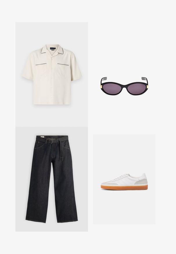 Chemise beige à manches courtes avec des garnitures noires le long du col et des bords des poches. Comprend deux poches avant et une fermeture à boutons.; Pantalons larges en denim foncé avec taille ceinturée, dotés de poches avant et de coutures contrastantes. Texture lisse avec un design épuré.; Baskets blanches avec des accents en daim gris, design à lacets plats et semelle en caoutchouc orange. Présente trois bandes sur le côté pour le marquage.; Lunettes de soleil cat-eye noires avec des verres violets. Présentent des accents dorés près des tempes. Monture en plastique lisse avec une finition brillante.