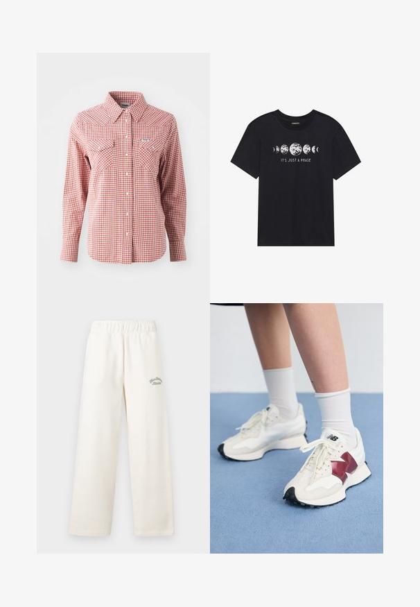 Camisa de manga longa quadriculada em vermelho e branco, com gola pontuda, dois bolsos no peito e fecho de botões. Fabricada em tecido leve.; T-shirt de algodão preto com mangas curtas, apresentando um gráfico da fase lunar e o texto "É APENAS UMA FASE" em branco.; Calças largas de cor creme feitas de material suave, com uma cintura elástica. Apresenta texto bordado em verde discreto na frente.; Par de tênis brancos com detalhes em bordô, painéis texturizados, sola preta lisa e atacadores claros, usados com meias brancas até ao tornozelo.