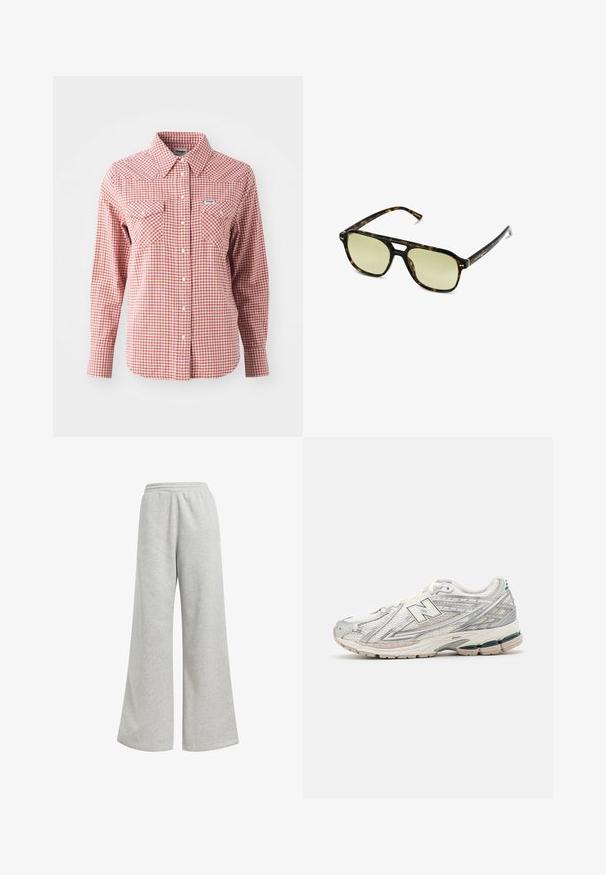 Camisa de manga larga a cuadros rojos y blancos con collar de punta, dos bolsillos en el pecho y cierres de botones. Fabricada en tejido ligero.; Pantalones de chándal grises con un diseño de pierna ancha, elaborados en un suave material de algodón. Cuentan con una cinturilla elástica y mínimas adornos.; La zapatilla de correr presenta una parte superior de malla plateada y blanca con un acento verde. La suela es gruesa y texturizada, diseñada para ofrecer amortiguación y soporte.; Gafas de sol carey con forma rectangular, lentes con tinte verde y montura de acetato con patrones. Presentan acentos metálicos cerca de las lentes.
