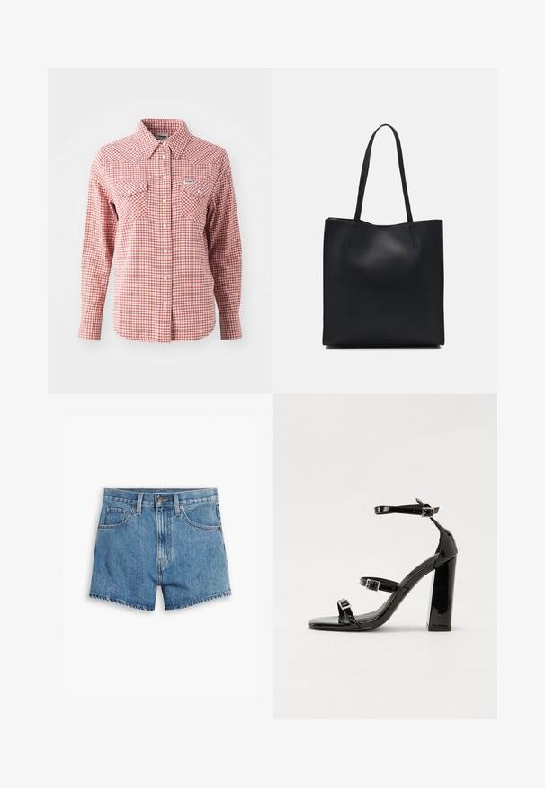 Camicia a maniche lunghe a quadri rossi e bianchi con colletto a punta, due tasche sul petto e chiusura a bottoni. Realizzata in tessuto leggero.; Shorts in denim blu chiaro, con cinque tasche, chiusura a zip e bottone. L'orlo è sfilacciato e presenta un design a vestibilità rilassata.; Sandali con tacco in vernice nera, con punta squadrata, cinturini alla caviglia e fibbie in argento. Presentano un tacco a blocco spesso per maggiore stabilità.; Borsa tote in pelle nera con texture liscia, forma rettangolare e due manici lunghi. Nessun hardware o decorazione visibile.