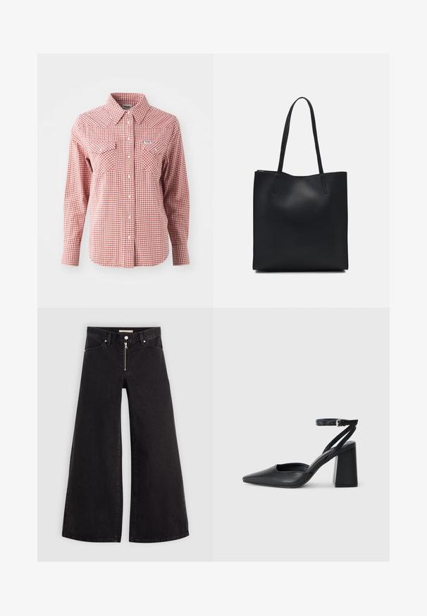 Punainen ja valkoinen ruudullinen pitkähihainen paita, jossa on terävä kaulus, kaksi rintataskua ja napitus. Valmistettu kevyestä kankaasta.; Mustat leveälahkeiset farkut, joissa on vetoketjufrunti, viisi-taskuinen muotoilu ja hienovaraiset ompelusyyt. Sileä pinta ja rento tyyli.; Mustat nahkakengät, joissa on kapea kärki, nilkkaremmi ja paksu korko. Tasainen pinta, tyylikäs muotoilu ja minimalistinen estetiikka.; Mustapahkainen kangaskassi, jossa on sileä pinta, suorakaiteen muotoinen ja kaksi pitkää kahvaa. Ei näkyvää metalliosaa tai koristeita.