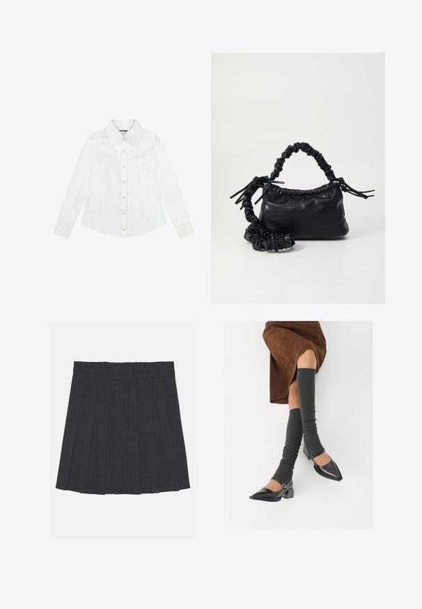 Bílá košile s dlouhým rukávem z hladké látky, se špičatým límečkem, knoflíky na přední straně, dvěma náprsními kapsami a decentní výšivkou na rukávech.; Tmavě šedá plisovaná sukně s elastickým pasem, vyrobená z texturované látky a s klasickým A-čkovým střihem. Vhodná pro každodenní nošení.; Černé lakované boty s špičatou špičkou, blokovým podpatkem a kotníkovým páskem, spárované s šedými žebrovanými návleky na nohy a hnědskou sukní z semiše.; Černá kabelka z umělé kůže s krokodýlím vzorem, staženým vrškem a zmačkaným popruhem. Zdá se, že má měkký a kompaktní design.