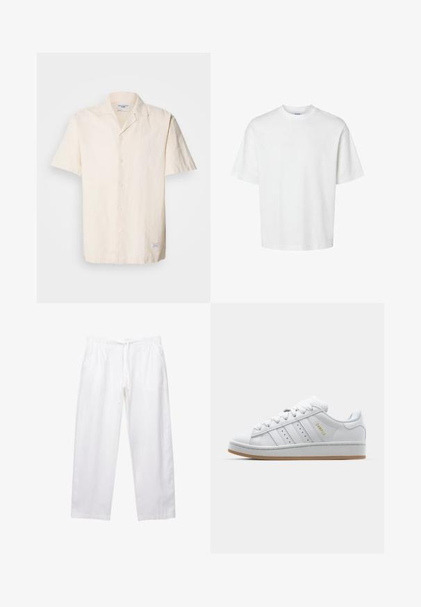 Korte mouwen, lichtbeige shirt van gestructureerde stof met een puntig kraag, voorzien van een knoopsluiting aan de voorkant en een klein label op de zoom.; Witte katoenen t-shirt met korte mouwen, ronde hals en een relaxed fit. Gladde textuur zonder zichtbare patronen of accenten.; Witte, loszittende broek gemaakt van lichtgewicht stof. Voorzien van een elastische tailleband met een koord en twee zijzakken.; Witte sneaker met geperforeerd design met drie strepen, gestructureerde accenten, een rubberen zool en het "CAMPUS" logo in het goud aan de zijkant.