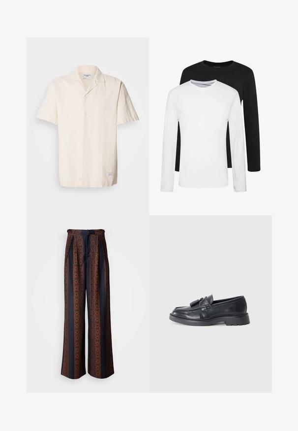 Koszula z krótkim rękawem, w jasnym beżowym kolorze, wykonana z fakturowanej tkaniny, z kołnierzykiem typu point, z guzikami z przodu oraz małą metką na końcu. ; Dwie koszule z długim rękawem, jedna czarna i jedna biała, wykonane z bawełny, z okrągłymi dekoltami i gładką fakturą, wyeksponowane w ułożonym stosie.; Szerokie spodnie w ciemnoniebieskim kolorze, z misternym pomarańczowym geometrycznym wzorem, z plisowanym przodem i dopasowaną talią.; Czarne skórzane mokasyny z zaokrąglonym noskiem, paskiem z frędzlami oraz masywną podeszwą z bieżnikiem. Gładka tekstura i klasyczny design.