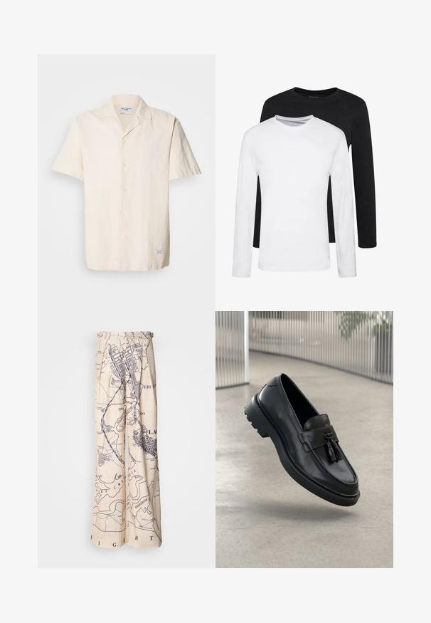 Trumpu rankovu, šviesiai pilkšvos spalvos marškiniai, pagaminti iš tekstūruoto audinio, su smailiu apykakle, mygtukais priekyje ir mažu žymekliu ant pakraščio.; Du švarkai su ilgomis rankovėmis, vienas juodas ir vienas baltas, pagaminti iš medvilnės, su apvaliais iškirpimais ir lygiu paviršiumi, išdėstyti sluoksniuotai.; Plati kojinės, kurių dizainas remiasi žemėlapių raštu tamsiai mėlynos spalvos ant smėlio fono, su gurnų detalėmis juosmens srityje ir laisvu siluetu.; Juodi odiniai bateliai be užsegimo su lygiu paviršiumi, dekoratyvine kutu, stora guminė pado danga ir siūtais akcentais. Lengvi ir elegantiško dizaino.