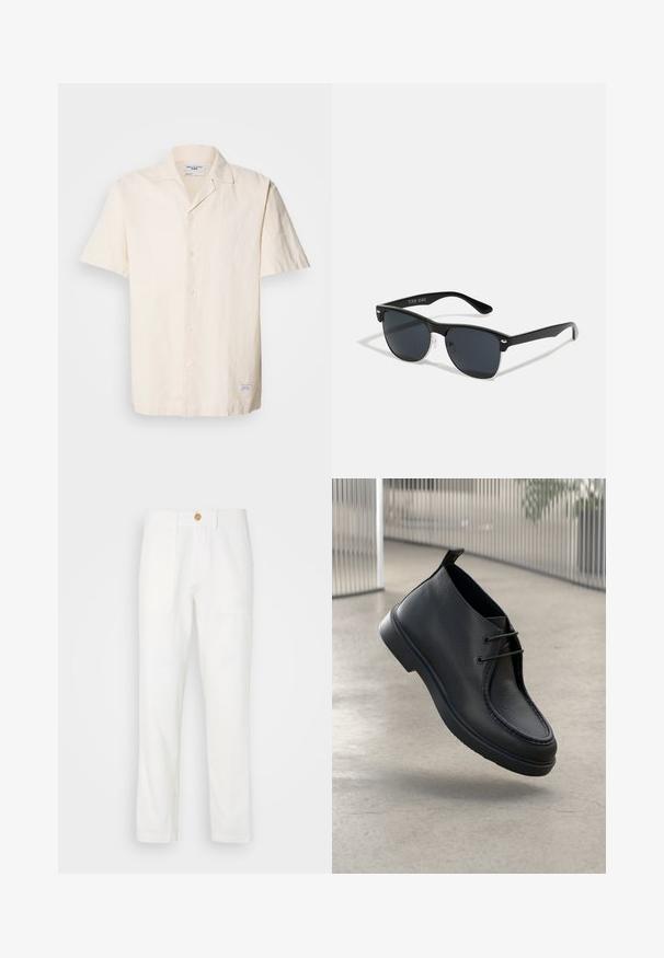 Kurzärmliges, hellbeiges Hemd aus strukturiertem Stoff mit spitzen Kragen, Knopfleiste und einem kleinen Etikett am Saum.; Weiße Stoffhosen mit geradem Schnitt, ausgestattet mit zwei vorderen Taschen und einem Knopfverschluss. Glatte Textur und sauberes Design.; Schwarzer Lederschuh mit glatter Textur, abgerundeter Zehenform und Schnürdesign; verfügt über eine flache Sohle und einen Zugtab an der Rückseite.; Schwarze Sonnenbrille mit rechteckiger Form, dunklen Gläsern, silbernen Akzenten an den Bügeln und mattierter Oberfläche des Rahmens.