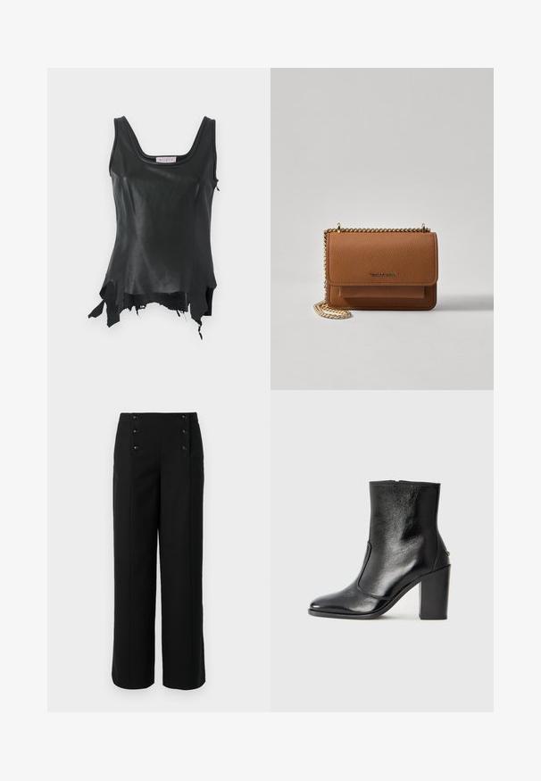 Svart läderlinne med rundad halsringning, med asymmetrisk nederkant och fransade kanter. Slät textur med en åtsittande design.; Svarta, vida byxor i slätt tyg med hög midja och fem knappar fram för stängning. Elegant, skräddarsydd design.; Svart läderankelboot med en slät yta, spetsig tå och en kraftig hög klack. Har en sidöppning och ett minimalistiskt design.; Brun texturerad läder crossbody-väska med guldkedja och klaffstängning. Framsidan har logotypdetalj och en ficka under klaffen.