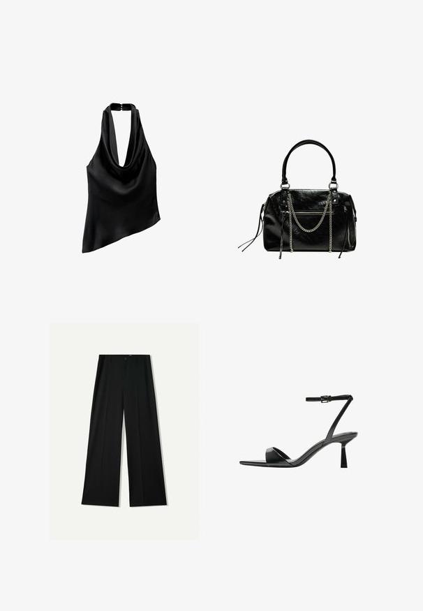 Mango Top - black; Bershka WIDE - Pantaloni - black; Bershka Sandale cu toc - black; Bershka WITH CHAIN - Geantă de mână - black