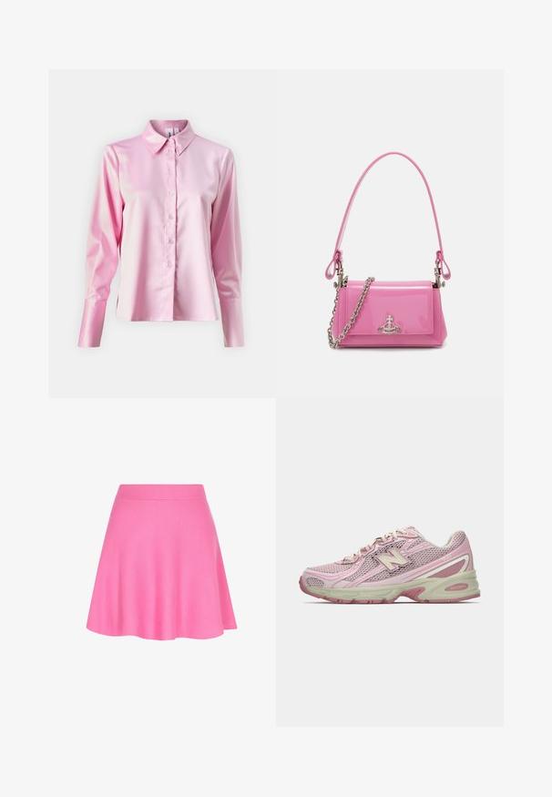Jasnoróżowa satynowa koszula z długimi rękawami, zapinana na guziki z klasycznym kołnierzykiem. Gładka tekstura z delikatnym połyskiem.; Różowa dzianinowa spódnica z dopasowanym paskiem w talii i rozkloszowanym krojem, wykonana z miękkiego materiału, który dodaje gładkiej faktury.; Różowo-beżowe sneakersy New Balance 740 z siateczkową i syntetyczną cholewką, sznurowanym zapięciem oraz amortyzującą podeszwą, przedstawione w profilu bocznym.; Różowa torebka z lakierowanej skóry o prostokątnym kształcie, z odpinanym łańcuchem i srebrnymi detalami z przodu.