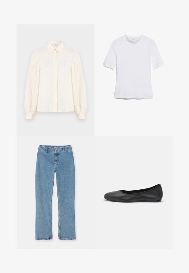 Hvid bluse med et tekstureret rutemønster, med krave, knaplukning fortil og puffede ærmer med elastiske manchetter. Let og luftig stof.; Hvid kortærmet t-shirt lavet af ribbet stof. Rund halsudskæring, almindelig pasform og subtile syninger. Ingen mønstre eller grafik.; Lyseblå denim jeans med lige ben, med knap- og lynlåslukning, bæltesløjfer og standard syninger på en hvid baggrund.; Sort læderballetsko med rund tå, glat tekstur, minimal syning og et fleksibelt såldesign.