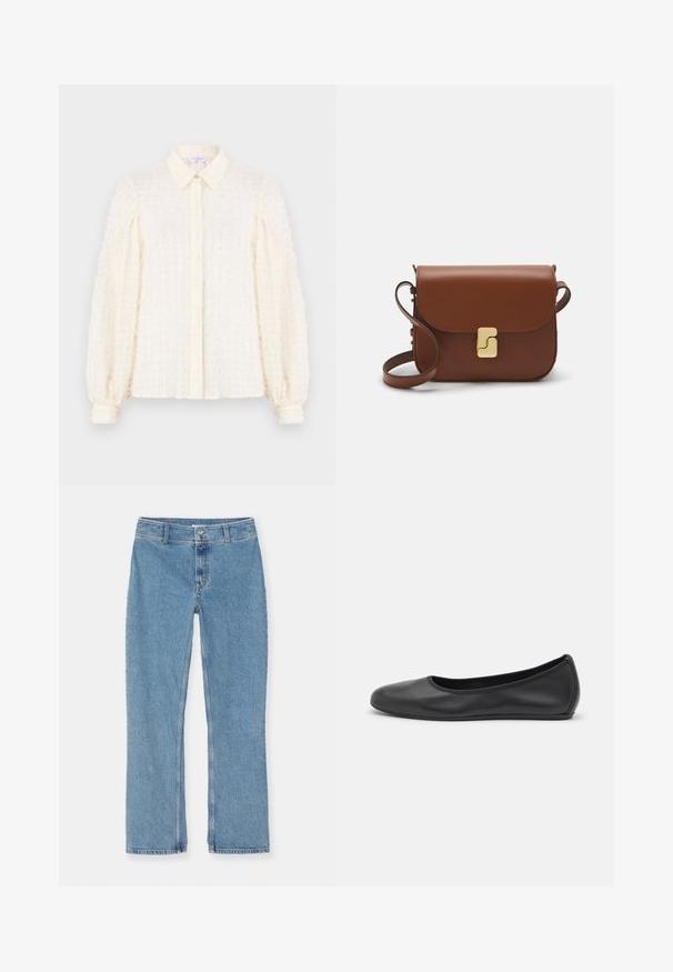 Hvid bluse med et tekstureret rutemønster, med krave, knaplukning fortil og puffede ærmer med elastiske manchetter. Let og luftig stof.; Hvid kortærmet t-shirt lavet af ribbet stof. Rund halsudskæring, almindelig pasform og subtile syninger. Ingen mønstre eller grafik.; Lyseblå denim jeans med lige ben, med knap- og lynlåslukning, bæltesløjfer og standard syninger på en hvid baggrund.; Sort læderballetsko med rund tå, glat tekstur, minimal syning og et fleksibelt såldesign.; Brun læder håndtaske med flaplukning, hardware i gyldent tone, en skulderrem og en glat overflade. Kompakt rektangulær form.