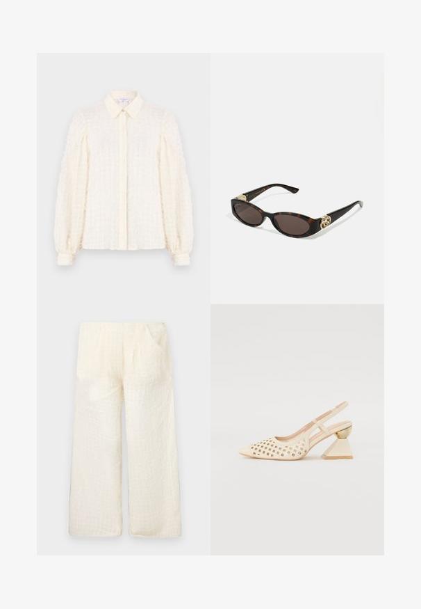 Weiße Bluse mit einem strukturierten Karomuster, mit Kragen, durchgehender Knopfleiste und gepufften Ärmeln mit elastischen Bündchen. Leichter und luftiger Stoff.; Leichte, cremefarbene weit geschnittene Hosen mit einem strukturierten Karomuster und zwei Seitentaschen, die einen entspannten Sitz und weichen Stoff bieten.; Beige Slingback-Schuh mit Perforierung im Obermaterial, spitzer Zehenpartie und einem kontrastierenden dreieckigen Absatz mit einem goldenen Akzent. Insgesamt glatte Textur.; Schildpatt-Sonnenbrille mit länglich-ovalen Gläsern, braunem Farbton, goldenen Logo-Akzenten an den Bügeln und schlanken schwarzen Bügeln.; Beige gemusterte Handtasche mit geschwungener Form, Lederakzenten und einem goldfarbenen Logo auf der Vorderseite. Verfügt über einen kurzen Griff für einfaches Tragen.