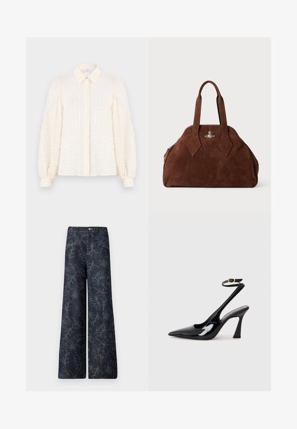 White blouse with a textured grid pattern, featuring a collar, button front, and puffed sleeves with elastic cuffs. Light and airy fabric.; Dark denim wide-leg trousers featuring an embroidered floral pattern in light blue. Classic five-pocket design with a front button closure.; Black patent leather slingback high heels with a pointed toe, adjustable ankle strap, and a moderate block heel. Smooth texture with glossy finish.; Brown suede handbag with a structured shape, rounded body, and elongated diamond-shaped handles. Features a silver hardware closure.