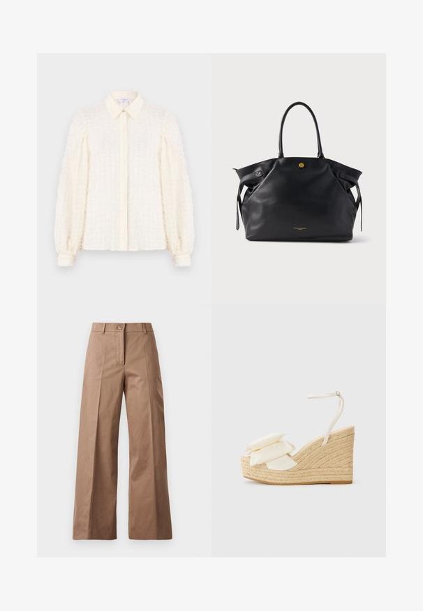 Blusa blanca con un patrón de cuadrícula texturizado, con cuello, botones en la parte delantera y mangas abullonadas con puños elásticos. Tejido ligero y aireado.; Pantalones de pierna ancha marrones, confeccionados en una tela suave, con un cierre frontal de botón, dos bolsillos frontales y líneas limpias y ajustadas.; Sandalia cuña con plataforma de yute natural, parte superior de tejido color crema y dos adornos florales en capas; presenta una delgada correa en el tobillo con hebilla.; Bolso tote de cuero negro con superficie texturizada, herrajes dorados y dos asas redondeadas. Cuenta con un cierre seguro y branding minimalista.