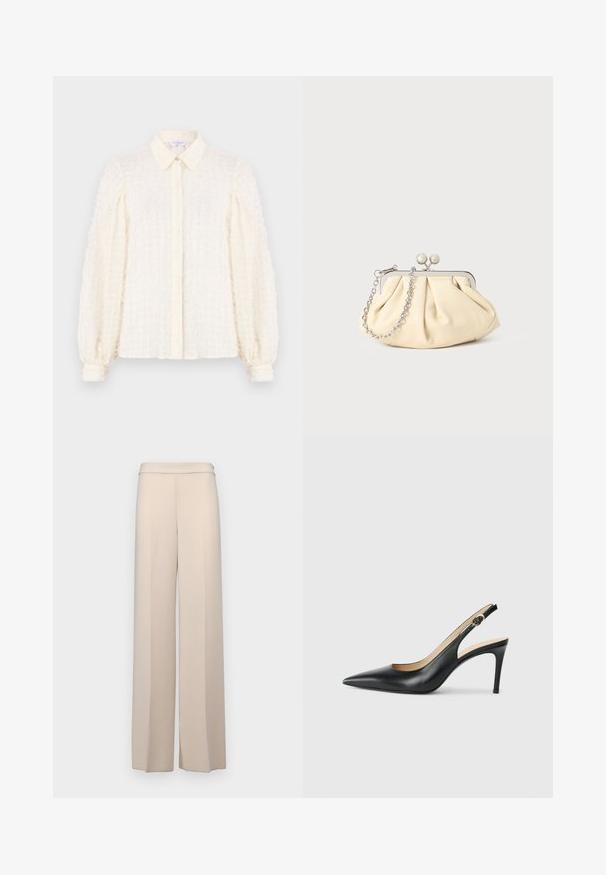 Balta palaidinė su tekstūruota tinklelio raštu, turinti apykaklę, mygtukų užsegimą ir pūstus rankovės su elastingais rankogaliais. Lengva ir oro permatoma medžiaga.; Šviesiai rudos spalvos plačios kelnės iš lygaus audinio, su aukštu liemeniu ir subtiliomis priekinėmis raukiėmis. Be kišenių ar matomų detalių.; Juodos odinės slingback aukštakulnės bateliai su smailiu nosiu, reguliuojama juosta ir elegantišku stiletto kulnu, pasižymintys lygia apdaila.; Plyšiniai smėlio spalvos odiniai rankinukai su sidabriniu metaliniu rėmu, turintys du apvalius dekoratyvinius užtrauktukus ir sidabrinę grandinėlę.