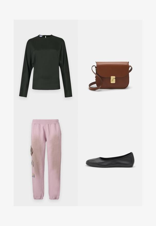 Tmavohnedý dlhý rukáv top z hladkej tkaniny. Má vysoký golier a otvor na chrbte so zapínaním. Priamy strih s minimálnymi detailmi.; Biela krátka tričko s krátkymi rukávmi vyrobené z rebrovanej látky. Klasický okrúhly výstrih, bežný strih a jemné švy. Bez vzorov alebo grafiky.; Ružové tepláky s elastickým pásom, s ozdobnými nášivkami v tvare diamantu na ľavej strane a elastickými manžetami na členkoch.; Čierne kožené baleríny s okrúhlou špičkou, hladkým povrchom, minimálnym prešívaním a flexibilným dizajnom podrážky.; Hnedá kožená kabelka s klopou, zlatými kovovými prvkami, ramenným popruhom a hladkým povrchom. Kompaktný obdĺžnikový tvar.