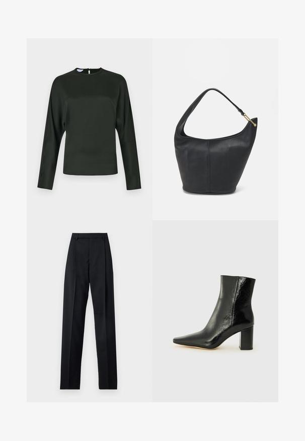 Mørkegrønn langermet topp i glatt stoff. Har en høy hals og en nøkkelhullåpning bak. Rett snitt med minimal detaljering.; Svarte bukser laget av glatt stoff, med høy midje, vide ben, frontfolder og klassiske beltehemper. Ingen synlige sidelommer.; Svart ankelstøvel laget av blankt lær med spiss tå og en robust, firkantet hæl. Har en glatt tekstur og en minimalistisk design.; Svart lærveske med en rund form, bred stropp og strukturert overflate. Har en subtil sømdetalj og gullfarget beslag.