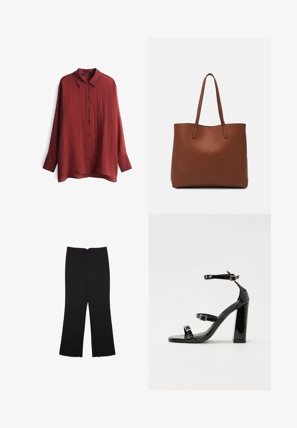 Red, long-sleeve shirt made of a textured, lightweight fabric. Features a collar and button-front closure with matching buttons.; Black trousers with a straight fit, featuring front pockets and side slits at the hem. Made of soft, smooth fabric. Suitable for various occasions.; Black patent heeled sandals with a square toe, ankle straps, and silver buckles. Features a chunky block heel for stability.; Brown leather tote bag with a smooth texture, open top design, and two shoulder straps. Features minimal stitching and no visible hardware.