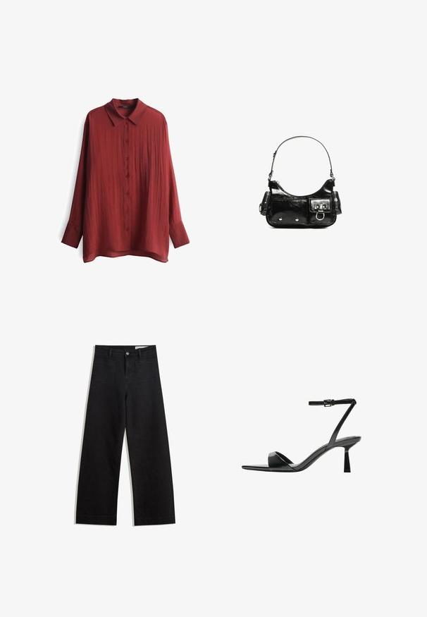 Camicia rossa a maniche lunghe realizzata in un tessuto leggero e testurizzato. Presenta un colletto e una chiusura frontale con bottoni abbinati.; Pantaloni in denim neri a gamba larga con vita alta, dotati di tasche anteriori e posteriori, cuciture a punto, e chiusura con bottone. Texture liscia.; Bershka Sandali con tacco - black; Borsa a spalla in vernice nera con forma curvata, una tracolla, tasche frontali e dettagli in metallo argentato.