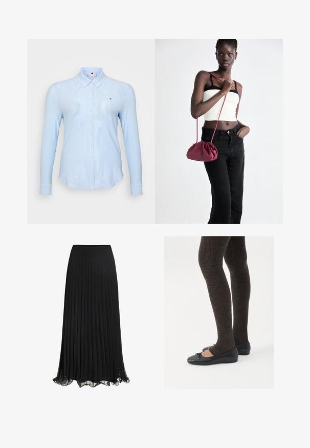 Light blue long-sleeve shirt featuring vertical white stripes, button closure, a classic collar, and a small logo on the chest.; Black pleated maxi skirt made of lightweight fabric with a flowing design. Features a ruffled hem and elastic waistband for comfort.; Black flat shoes with a small bow detail at the toe, paired with dark brown ribbed tights. Shoes have a smooth texture and low profile.; Burgundy soft fabric handbag with a gathered design and a long strap, worn crossbody. Model wears a white crop top and black jeans.