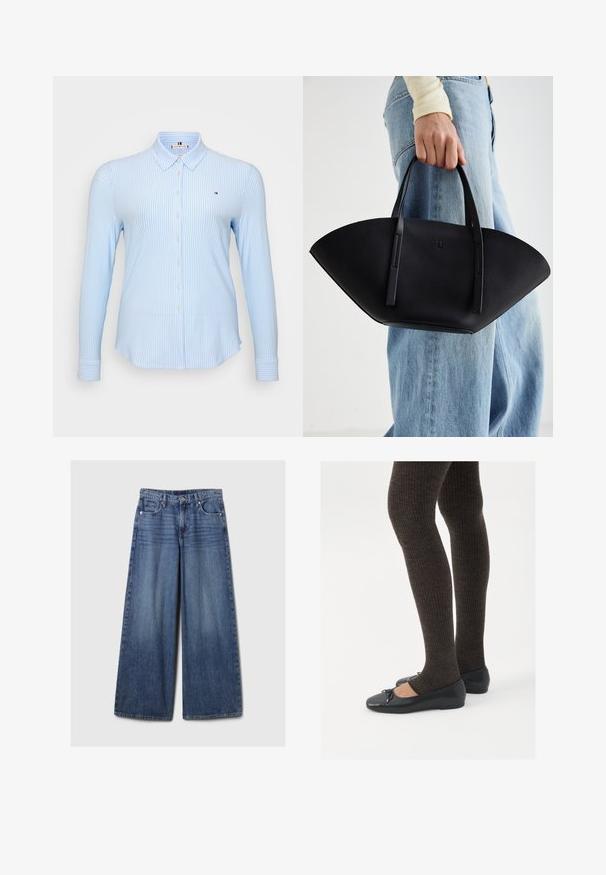 Šviesiai mėlynas ilgomis rankovėmis marškinys su vertikaliomis baltomis juostelėmis, mygtukų uždarymu, klasikiniu apykakle ir maža logotipu ant krūtinės.; Platus mėlynos džinsinės kelnės su išblukusiu paviršiumi, su mygtukų ir užtrauktuko uždarymu, penkiomis kišenėmis ir diržo kilpomis.; Juodos plokščios bateliai su maža kaspinėlio detale prie pirštų, derinami su tamsiai rudos spalvos raukšlėtomis pėdkelnėmis. Bateliai turi lygų paviršių ir žemą profilį.; Juodas odinis rankinis uždangalas unikaliu ventiliatoriaus formos dizainu, turintis plokščias rankenas. Paviršius turi akmeninė tekstūrą ir minimalistišką dizainą.