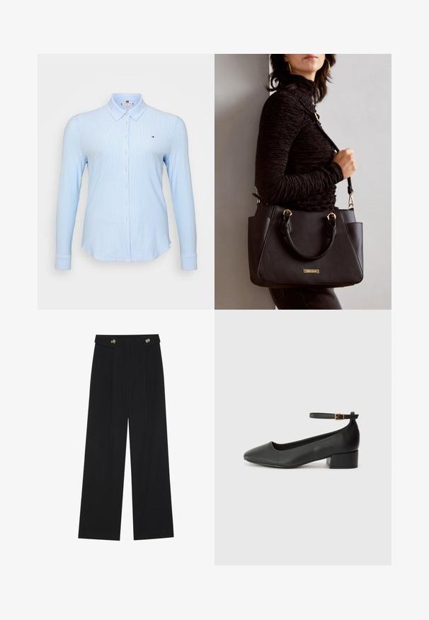 Light blue long-sleeve shirt featuring vertical white stripes, button closure, a classic collar, and a small logo on the chest.; Black wide-leg trousers with high waist, button details on waistband, and front pleats.; Black leather pump with a pointed toe and a low block heel. Features an ankle strap with a gold-tone buckle. Smooth texture.; Black handbag with textured surface, dual top handles, and adjustable shoulder strap. Features gold-tone hardware and side pockets.