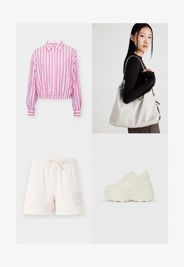 Roza in bela prugasta skrajšana majica s kratkimi rokavi, ovratnikom in gumbnimi manšetami. Narejena iz lahke tkanine z teksturiranim zaključkom.; Svetlo bež bombažne kratke hlače z elastičnim pasom, nastavljivo vrvico in natisnjenim logotipom "NIKE SPORTSWEAR" v svetlo rjavi barvi na strani.; Bele platformske tene z belim zgornjim delom, ki spominja na usnje, okroglo obliko, oblazinjen ovratnik ter gumo z teksturo na podplatu z izrazitimi profili.; Bežna torbica iz mehkega materiala, z ohlapno zasnovo, šivi in dvema naramnicama. Primerna za vsakodnevno uporabo.