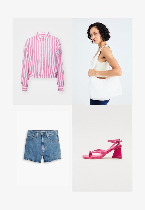 Pink and white striped cropped shirt with a collar, long sleeves, and buttoned cuff. Made of lightweight fabric with a textured finish.; Denim shorts in light blue, featuring five pockets, a zip fly, and a button closure. The hem is frayed with a relaxed fit design.; Pink patent leather heeled sandals with a square toe, narrow straps, and a geometric block heel. Features a buckle detail on the strap.; White shoulder bag made of smooth material, featuring an oval cutout and wide strap design. Simple and modern with no visible hardware.
