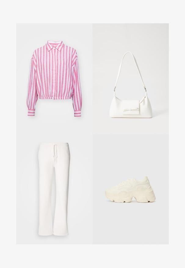 Roosa ja valge triibuline lühike särk koos kaelusega, pikkade varrukatega ja nööpidega mansettides. Valmistatud kergest kangast, millel on tekstuuriline viimistlus.; Valged, mugavad spordipüksid, mis on valmistatud pehmest kangast, elastse talje ja nööridega, sirgete jalgadega disainiga.; Paksud valged tennised, mis on valmistatud tekstureeritud võrgu- ja sünteetilistest materjalidest, pakuvad paksu tallaga ja keerukat mustrit külgedel.; Valge sünteetilisest materjalist kott kolmnurkse kujuga, lame esiklapiga ja kaaredetailiga, reguleeritava rihmaga, sileda tekstuuriga ja minimalistliku disainiga.